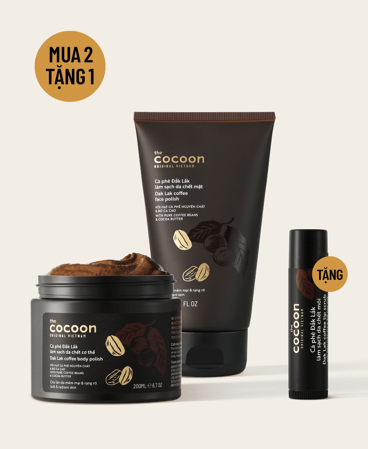 Combo cà phê Đắk Lắk làm sạch toàn diện | Tặng tẩy da chết môi 5g