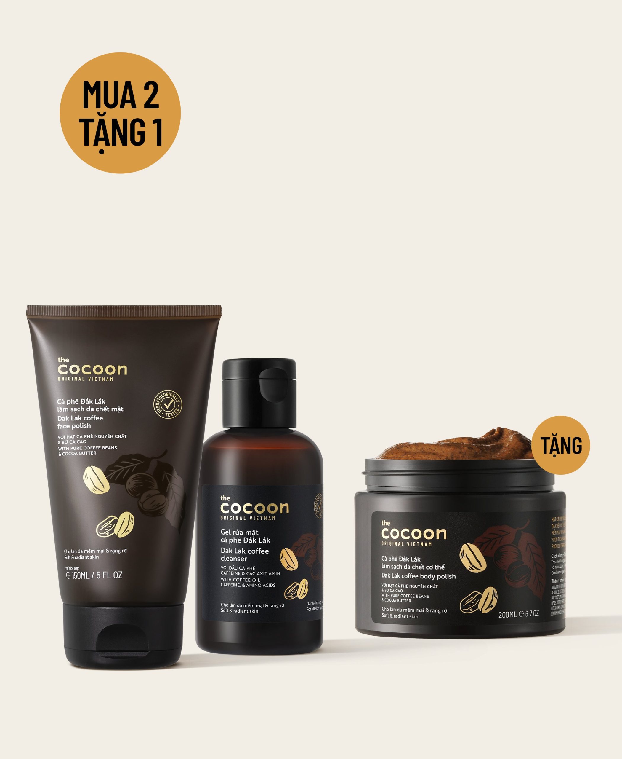 Combo cà phê Đắk Lắk Cocoon | Sữa rửa mặt + tẩy da chết mặt + tẩy da chết body